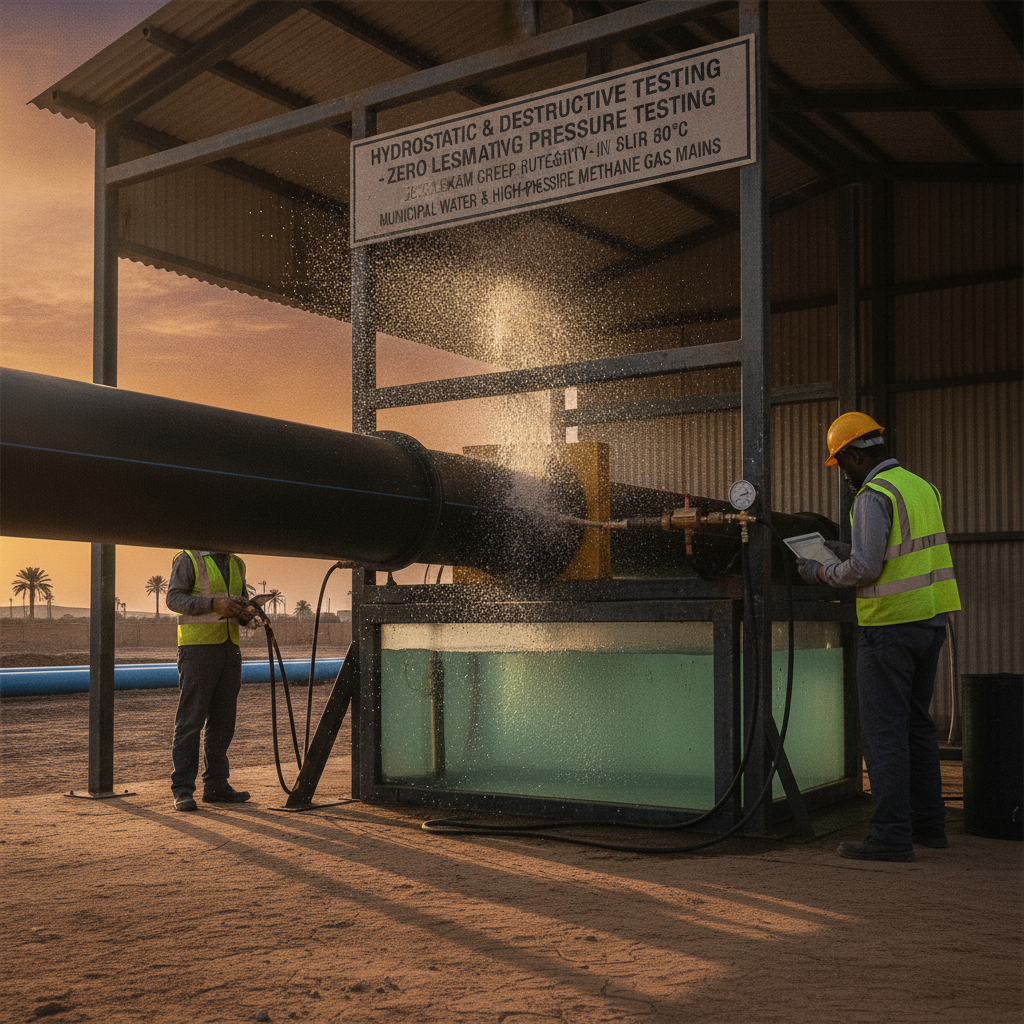Hydrostatic high-pressure testing bench for PE100 pipeline fittings in an industrial facility setting