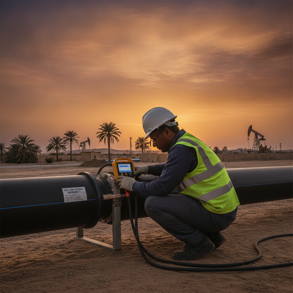 Technician operating an electrofusion welding control unit while scanning a barcode on an HDPE pipe fitting